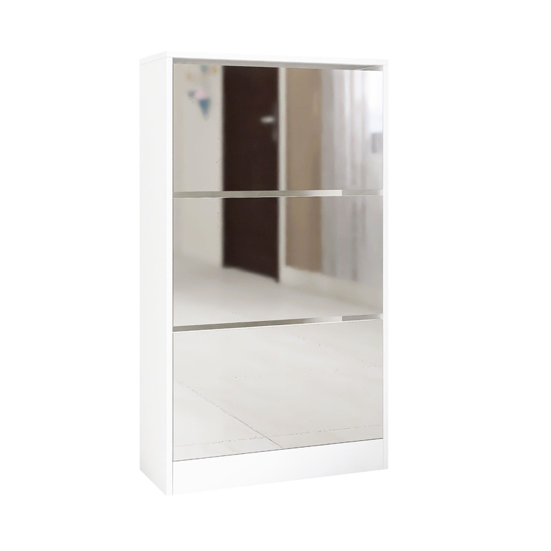 Narrow Shoe Storage Cabinet With Mirror, Wood Slim Shoe Rack 3 Tier Shoe Organizer For Home And Apartment – White
