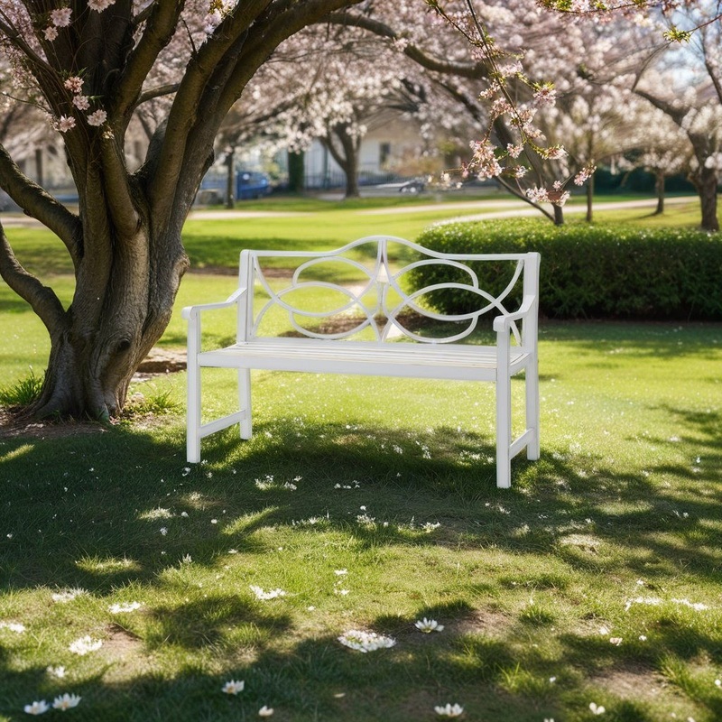 Outdoor Garden Patio Bench With Backrest And Armrest, Slatted Seat For Park, Yard & Porch, Balcony, Accommodates 2 – 3 People – White