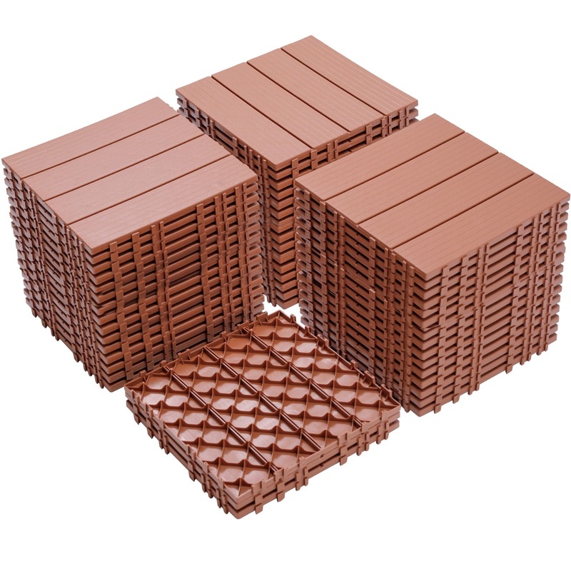 Plastic Interlocking Deck Tiles, Patio Flooring Outdoor Waterproof All Weather Use For Garden Poolside Front / Back Yard (Set of 44) – Mahogany