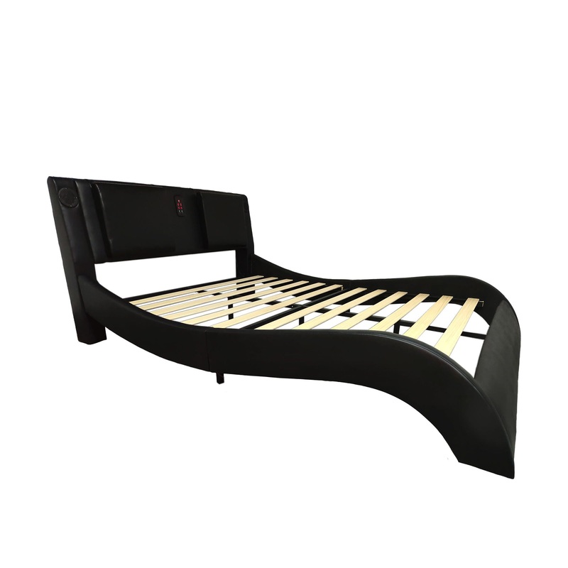 Queen Size Upholstered Platform Bed Frame With LED Lighting, Bluetooth Connection To Play Music Control, Backrest Vibration Massage, Curve Design, Wood Slat Support, Exhibited Speakers – Black