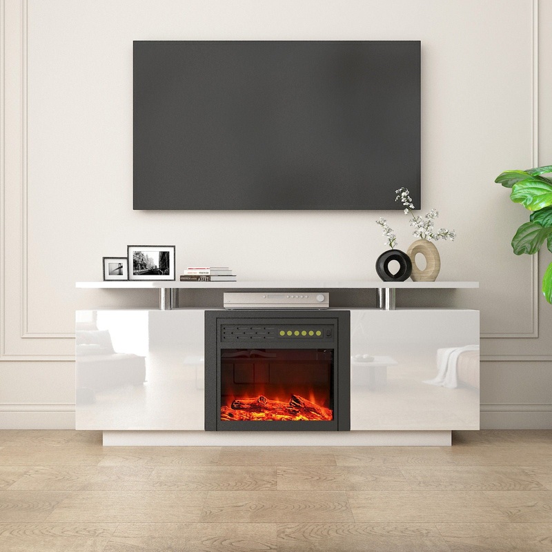 TV Cabinet, TV Unit With Fireplace, Have Heat And Flame Color Changes – White