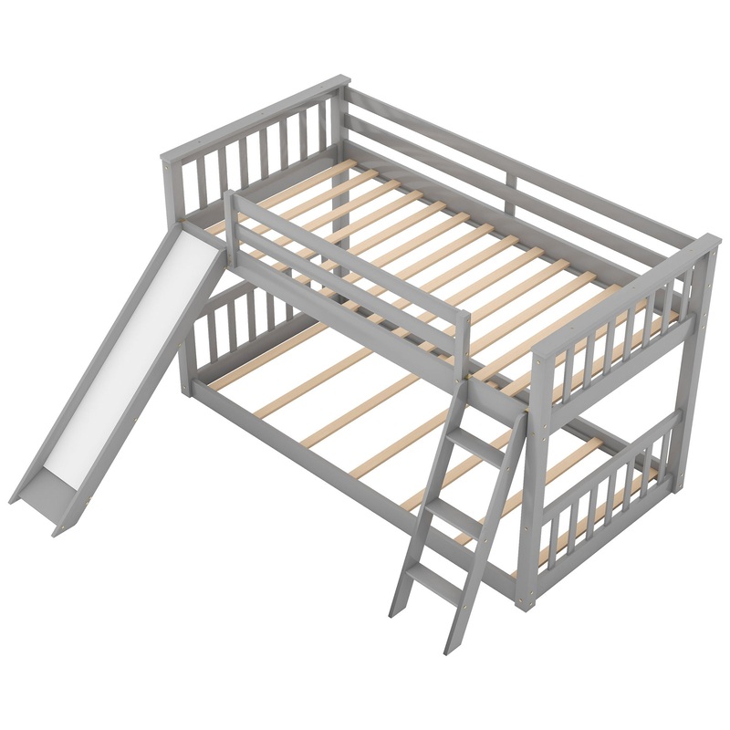 Twin Over Twin Bunk Bed With Convertible Slide And Ladder – Gray