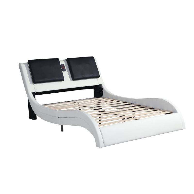 Upholstered Platform Bed Frame With LED Lighting, Bluetooth Connection To Play Music Control, Backrest Vibration Massage, Curve Design, Wood Slat Support