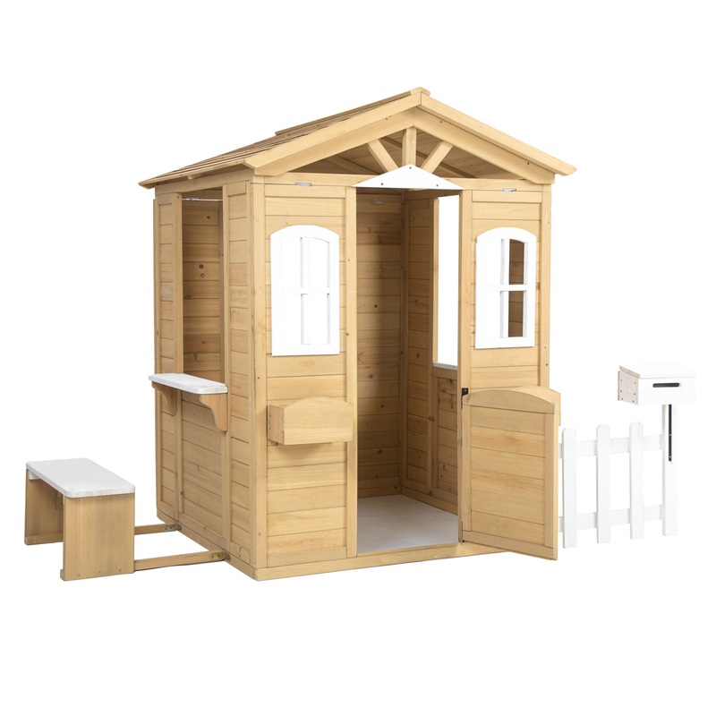 Wooden Playhouse For Kids Outdoor With Working Door, Windows, Mailbox, Bench, Flowers Pot Holder – Natural