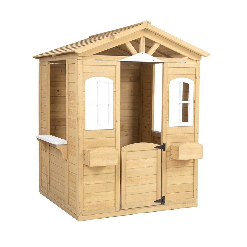 Wooden Playhouse For Kids Outdoor With Working Door, Windows, Mailbox, Flowers Pot Holder – Natural