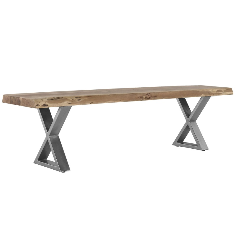 Farmhouse Design Acacia Wood Dining Bench With X Shaped Metal Legs – Brown / Chrome