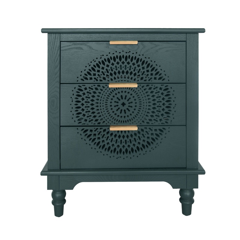 Hollow Carved 3 Drawer Dresser With Metal Handles, Storage Chest For Living Room Or Bedroom – Blackish Green