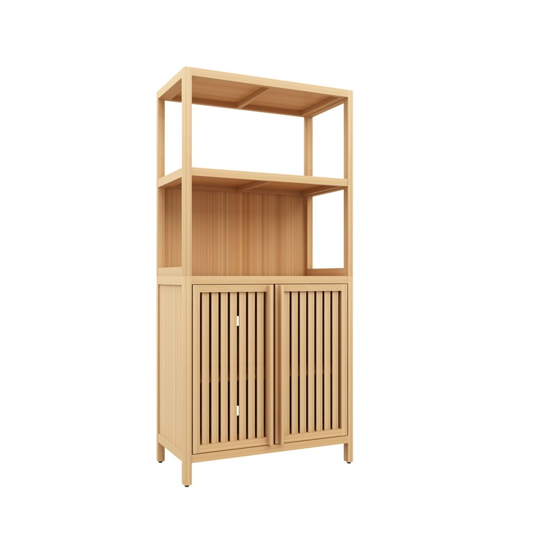 Neutral – Bamboo Storage Cabinet Freestanding With 2 Doors For Bathroom, Living Room, Kitchen, And Entryway – Neutral