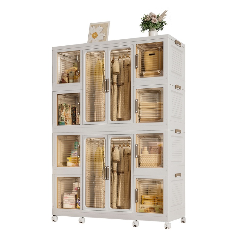 Portable Wardrobe Closet Storage Organizer For Clothes With Magnetic Doors, 12 Cubes & 2 Hanging Rods – White