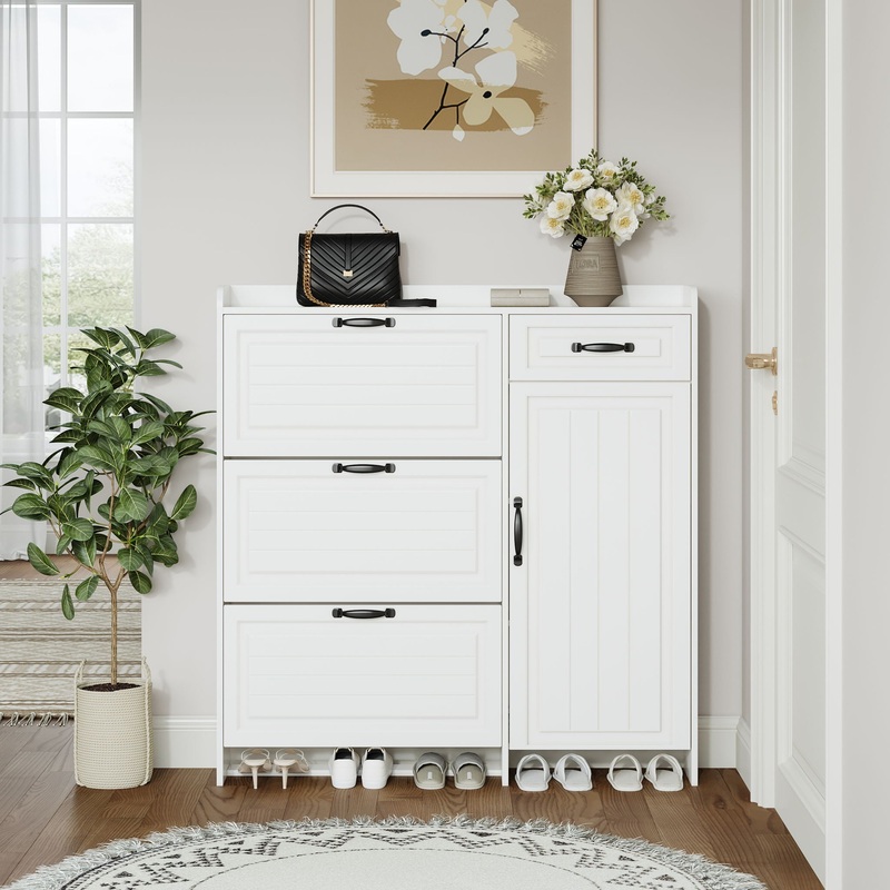 Shoe Cabinet With 4 Doors 1 Drawers, PVC Door With Shape, Large Space For Storage – White