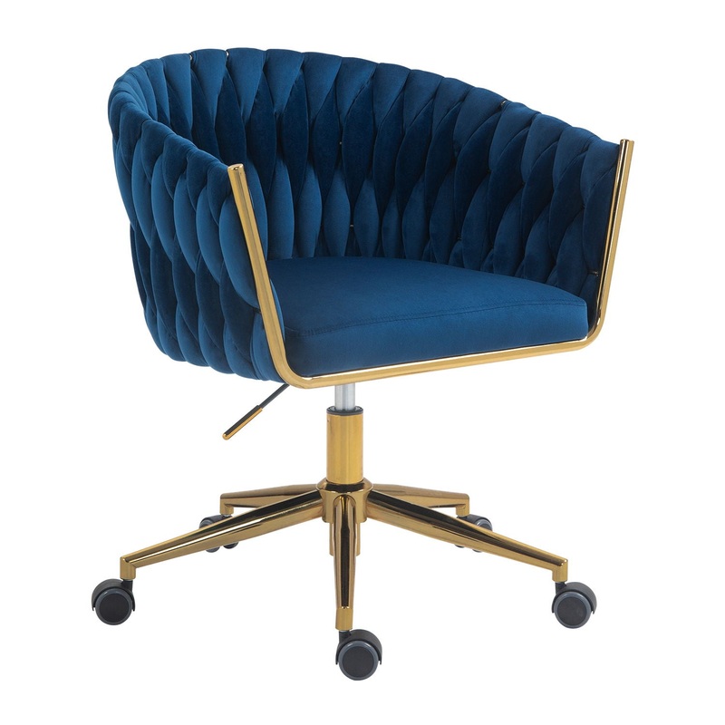 Woven Office Chair, Vanity Chairs With Wheels, Height Adjustable, 360 Degree Swivel For Bedroom, Living Room – Blue