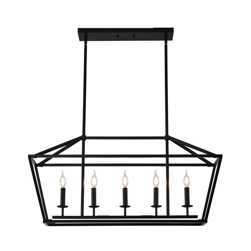 5 Light Farmhouse Kitchen Island Lighting, 5 Light Industrial Linear Chandelier For Dining Room Metal Hanging Pendant Light Fixture For Bedroom Living Room Hallway Conference Room – Matte Black