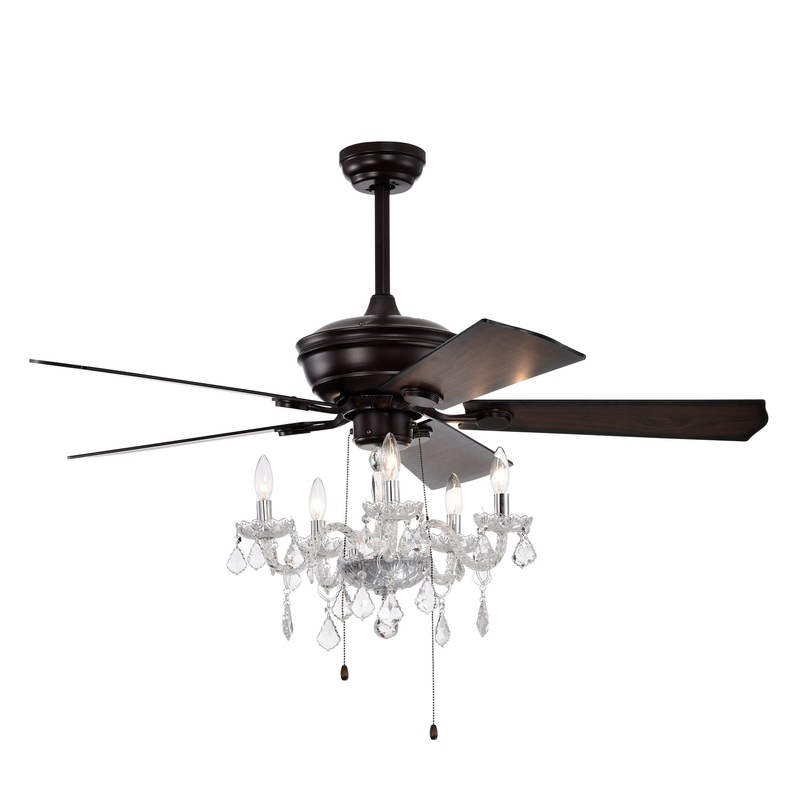 52 Crystal Shade Ceiling Fan Lamp, 3 Speed, 4 Timing, 5 Reversible Blades Crystal Ceiling Fan, 5 Pieces X E12 (No Include Bulb), Hand Pull Chain – Matte Black