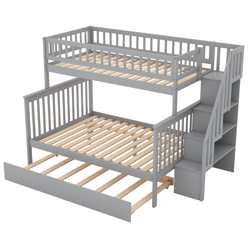 Bunk Bed With Staircase|Dark Gray|White|Twin over Full|Twin over Twin