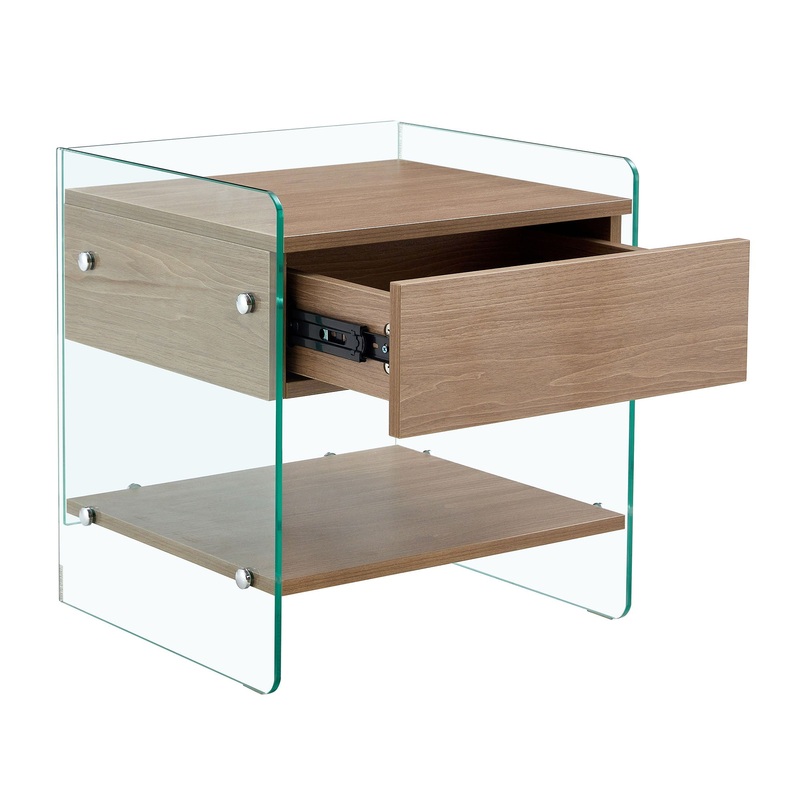 Elegant Bedside Table With Drawers And Transparent Tempered Glass Sides – Wood
