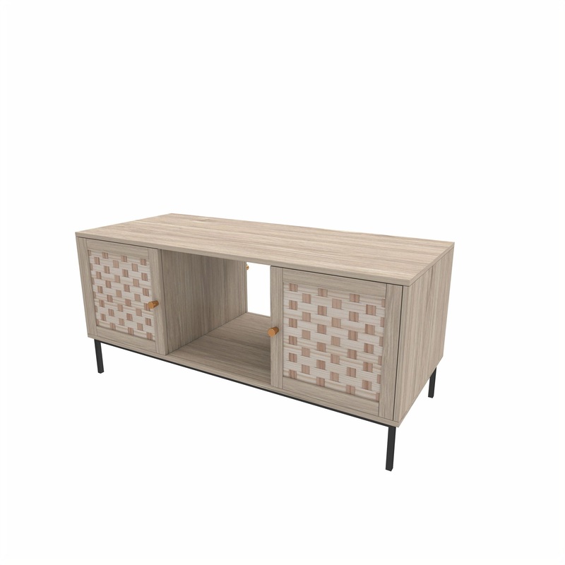 Elegant Veener Weaving Design Coffee Table With 4 Sliding Doors – Natural Wood