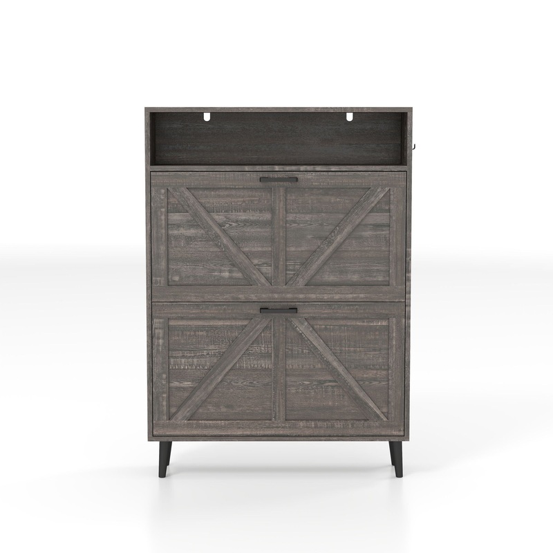 Farmhouse Shoe Storage Cabinet With Barn Door Design, 2 Flip Drawers, Hooks – Dark Oak