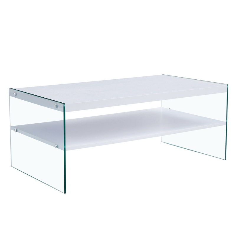 Modern Double Rectangular Coffee Table With Storage Function And Transparent Tempered Glass – White