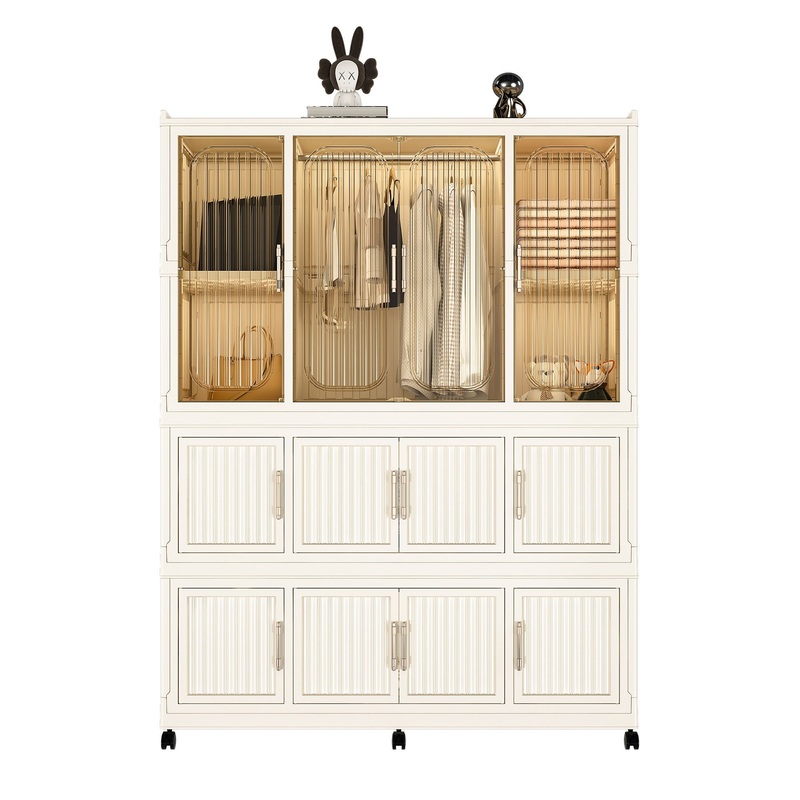 Portable Wardrobe Closet Storage Organizer With 12 Magnetic Doors, 12 Cubes & Hanging Rod – White