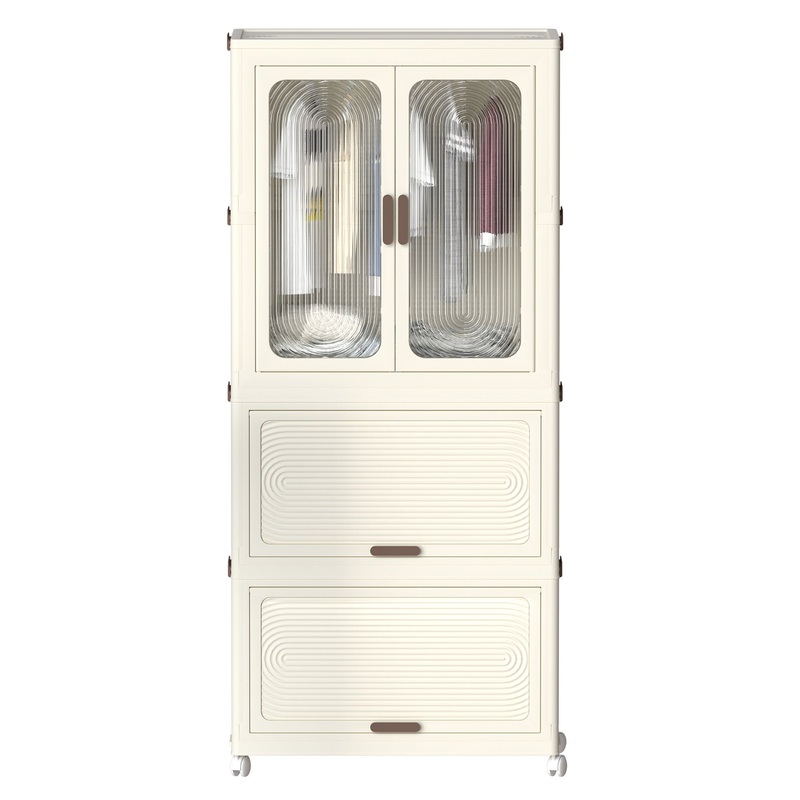 Portable Wardrobe Closet Storage Organizer With Magnetic Doors And Hanging Rod – Cream White