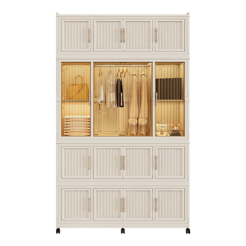 Portable Wardrobe Closet Storage Organizer With Magnetic Doors, Polypropylene – Cream White