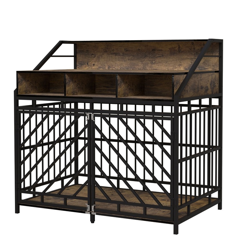 Wooden Dog Crate Furniture With Divider And Storage Drawers For Large Dogs – Rustic Brown