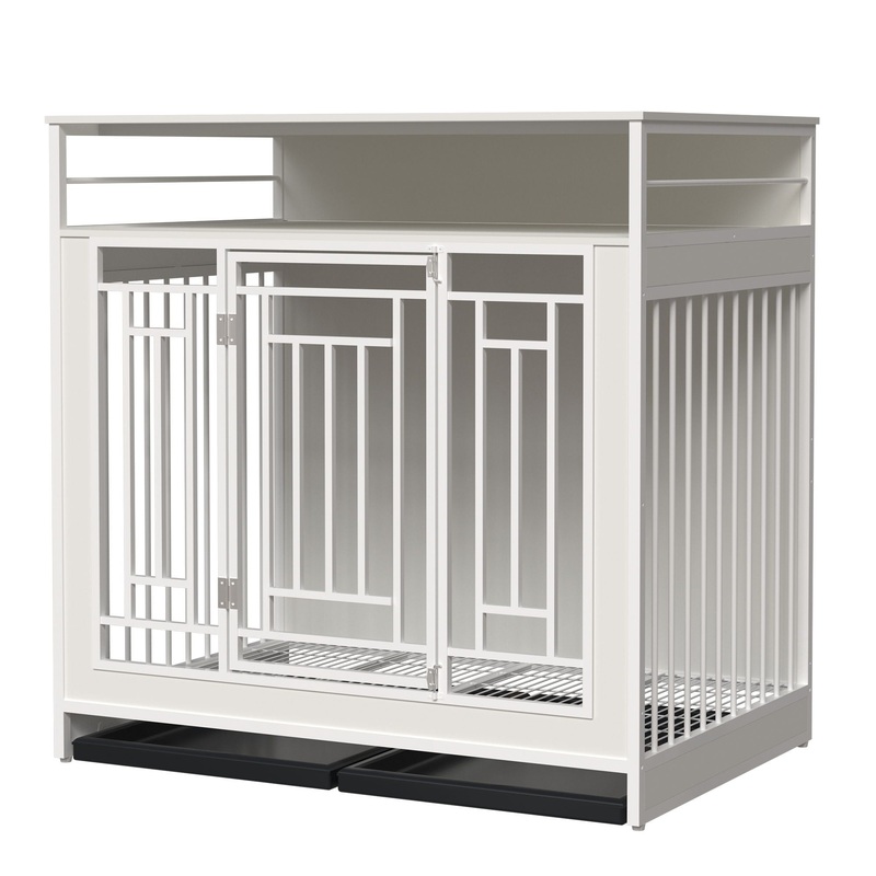 Wooden Dog Crate Furniture With Divider And Storage – White