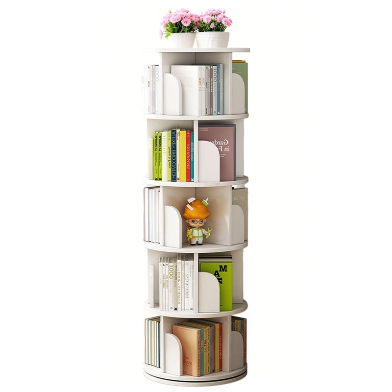 5 Tier Rotating Bookshelf, 360 Spinning Design, Space Saving Storage, For Home And Office – White