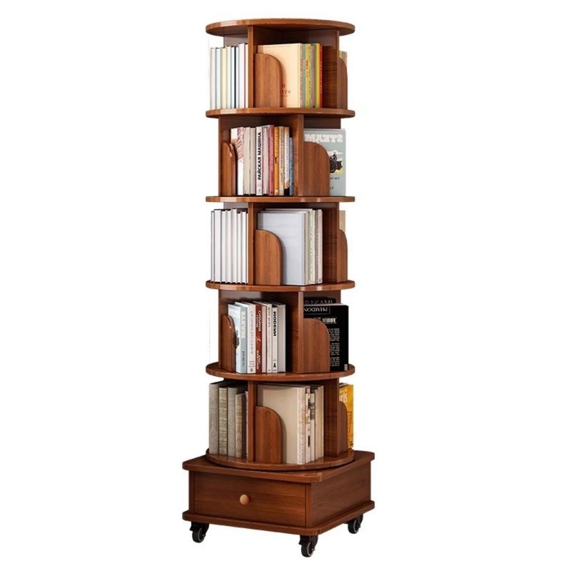 6 Tier Rotating Bookshelf With Wheels, 360 Wood Corner Bookcase Organizer For Small Spaces – Walnut Brown
