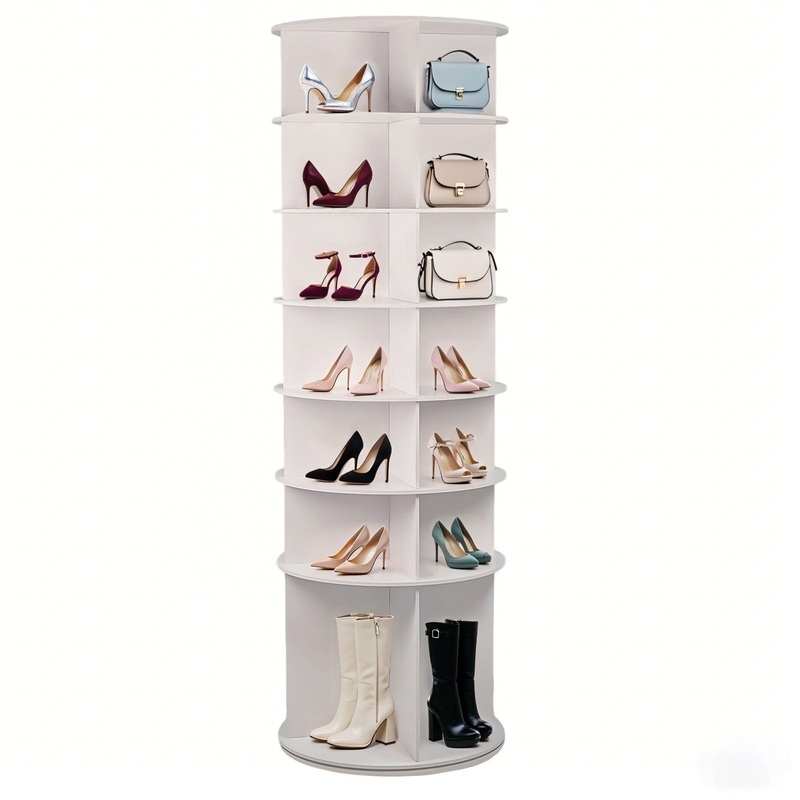 7 Tier Rotating Shoe Rack With High Base Design, Freestanding 360 Organizer For 28 Pairs – White