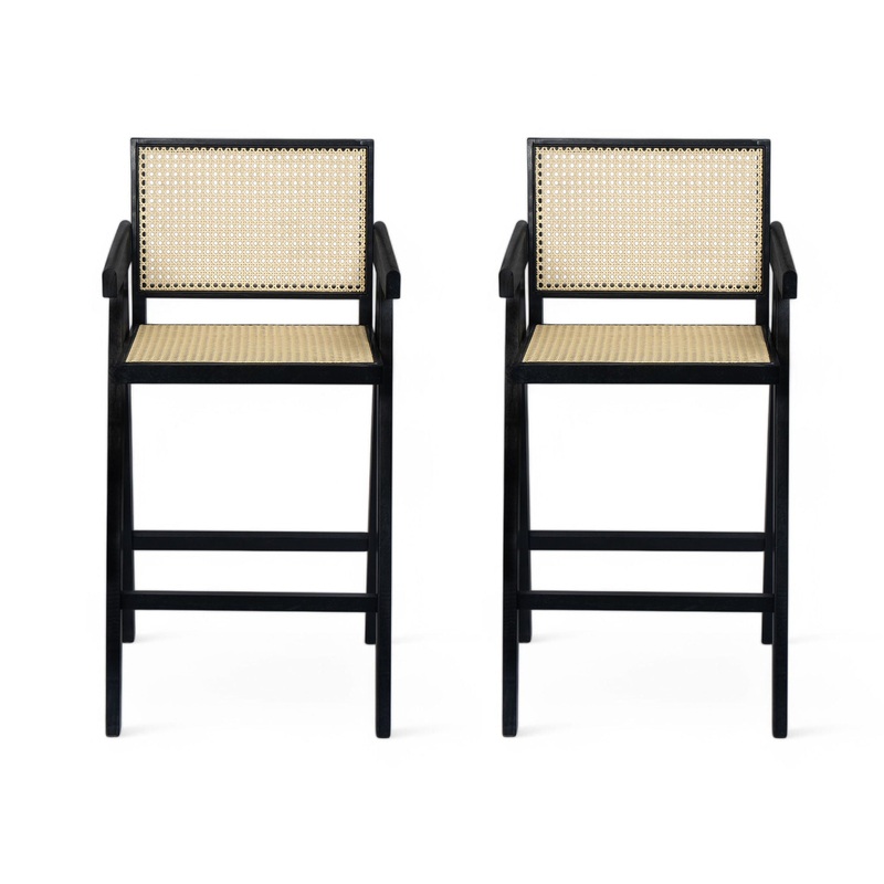 Modern Minimalist Bar Stool With Cane Seat – Black / Natural