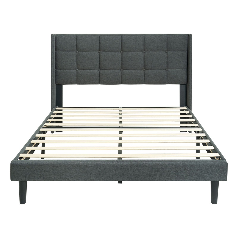 Queen Size Upholstered Platform Bed Frame With Button Tufted Linen Fabric Headboard – Dark Gray