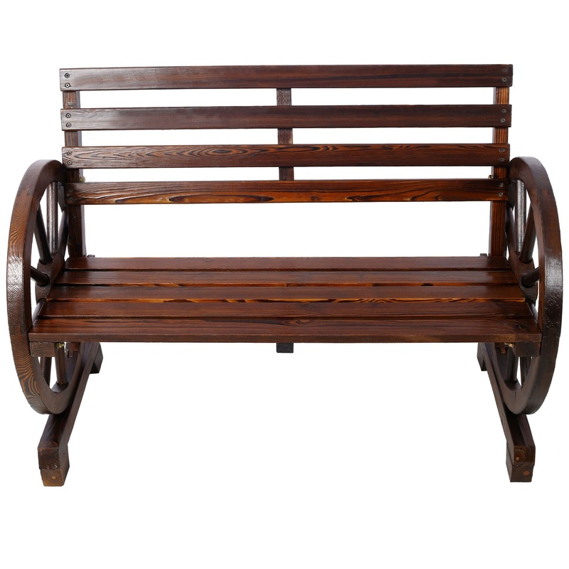 Rustic Country 2 Person Wooden Wagon Wheel Bench With Slatted Seat And Backrest – Brown