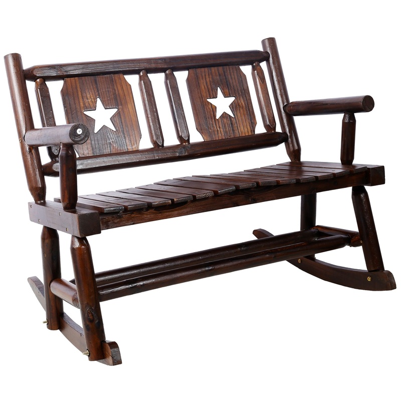 Rustic Outdoor Wood Rocking Bench Double Rocking Chair For 2 Persons With Curved Seat, Porch Rocker – Brown