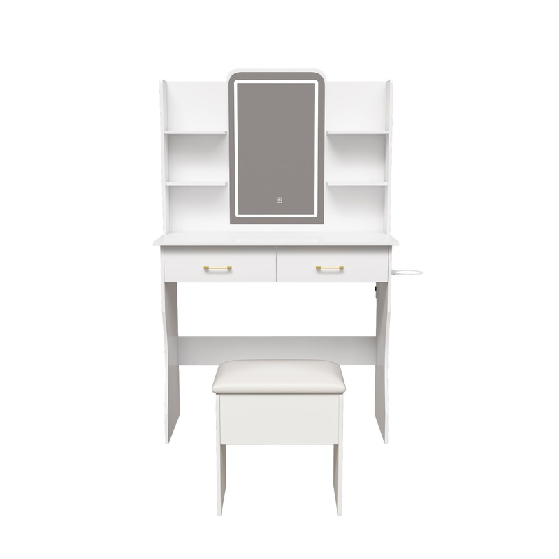 Vanity Desk With LED Lights Mirror, Power Outlet, Storage Drawers & Chair – White