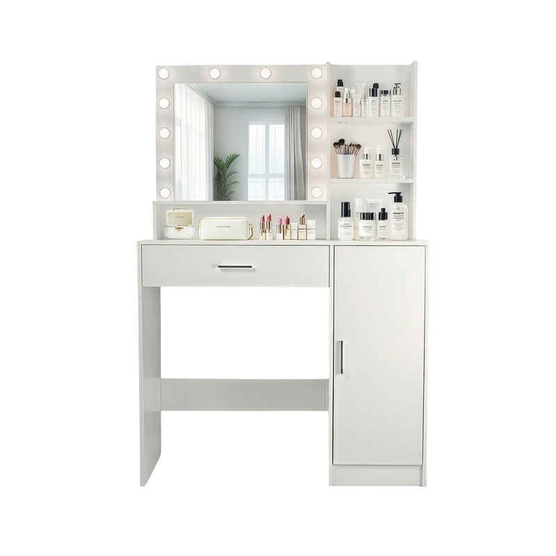 Vanity Desk With Mirror And Adjustable LED Lights, 3 Lighting Modes, Drawer And Storage Cabinet – White