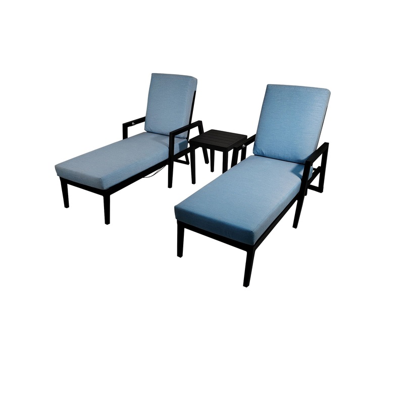 3 Piece Outdoor Patio Lounge Set, 2 Chaise & 1 End Table With Modern Tapered Feet, Pneumatic Adjustable Backrest, Wheels, Sunbrella Cushion – Ember Black / Blue