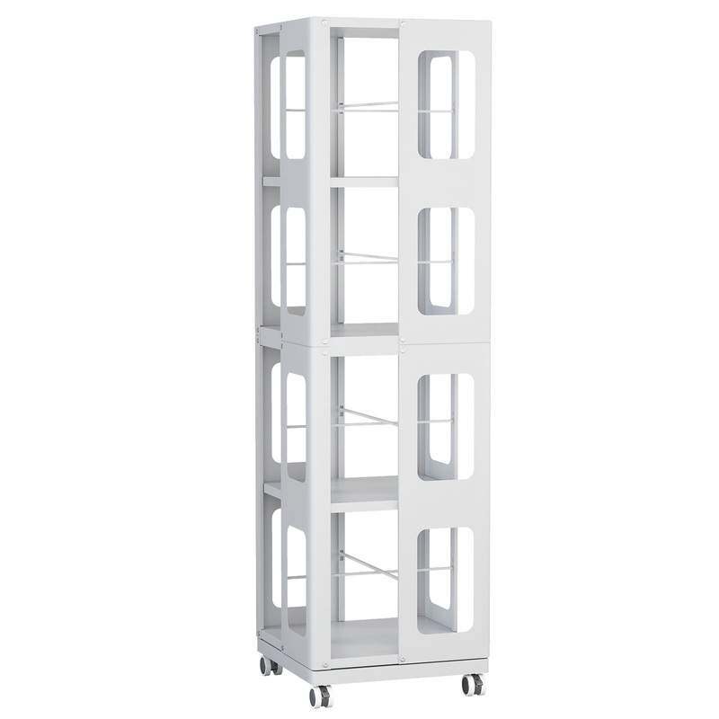 4 Tier All Steel Rotating Bookshelf With 360 Wheels, Large Size Sturdy & Spacious Book Rack, New Style Bookshelf – White