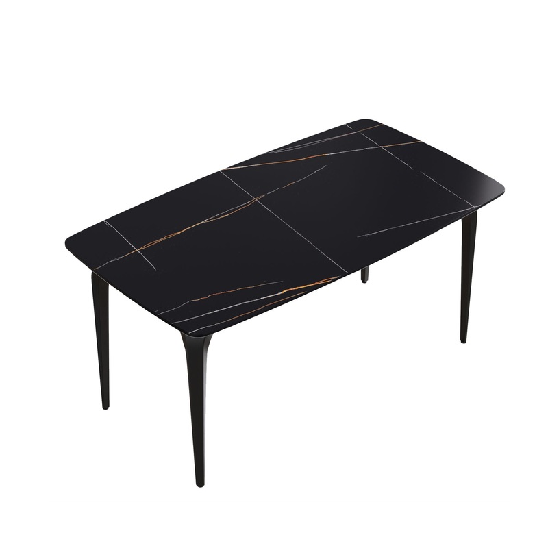 63 Artificial Stone Black Curved Black Metal Leg Dining Table, 6 People – Black