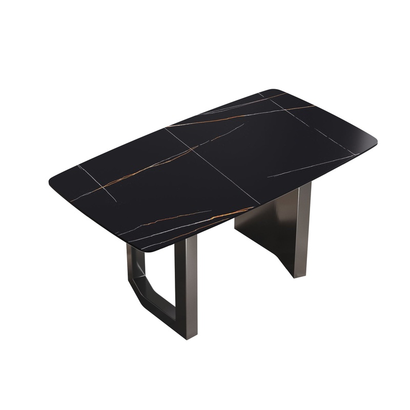 63 Modern Artificial Stone Black Curved Black Metal Leg Dining Table, 6 People – Black
