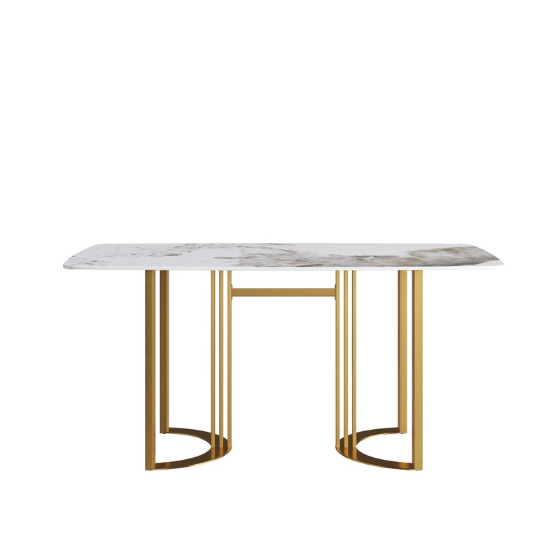 63 Modern Artificial Stone Pandora White Curved Metal Leg Dining Table, 6 People – Antique White