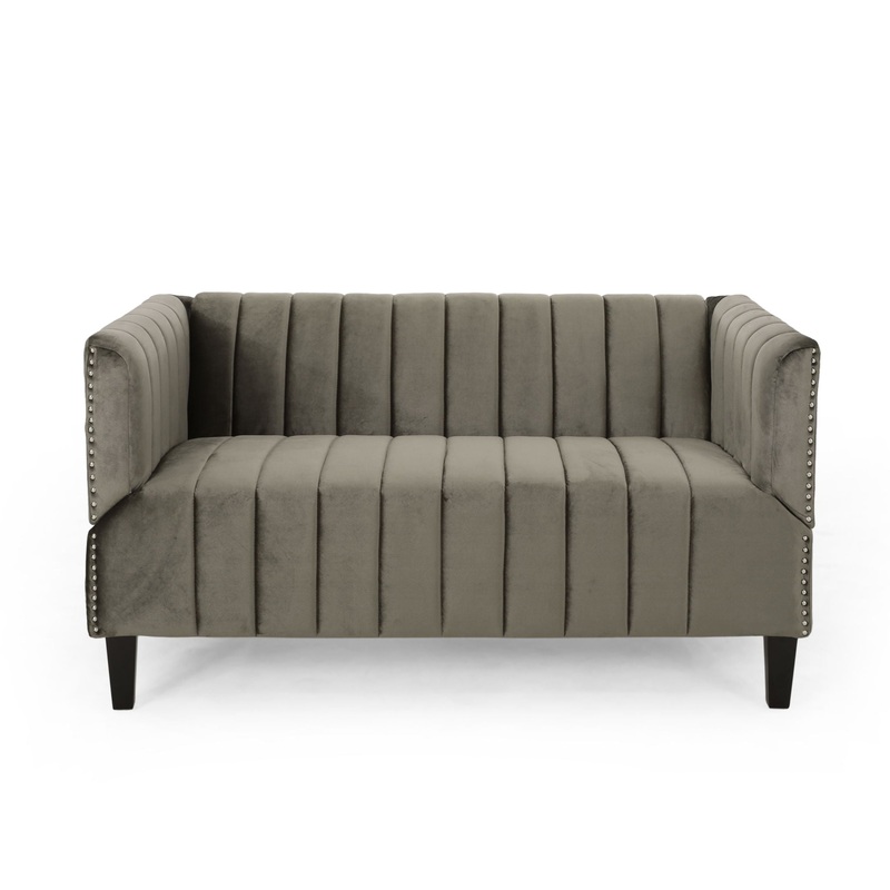 Contemporary Loveseat Settee With Nailhead Accents – Gray