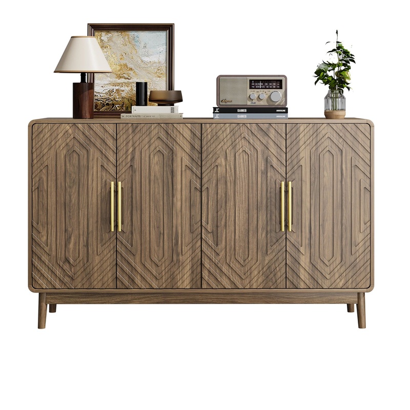 Modern Carved 4 Door Sideboard Buffet Cabinet With Storage, Adjustable Layer Board – Walnut