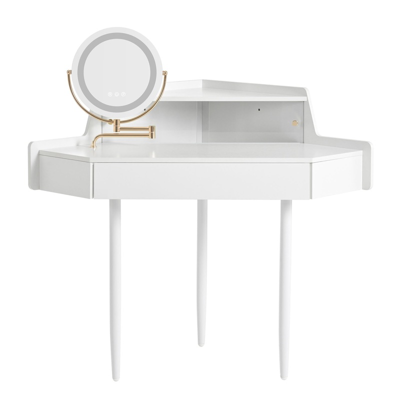 Modern Corner Makeup Vanity Desk With Large Storage, LED Mirror & Stool, Adjustable Brightness, Space Saving – White