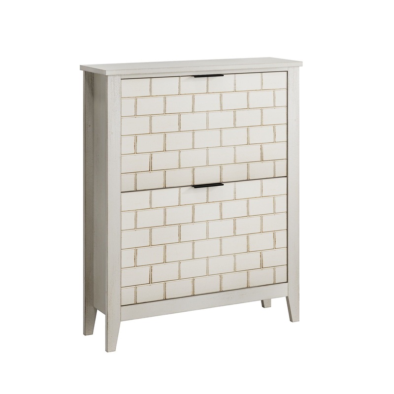 Retro Shoe Storage Cabinet, Mid Century Vintage Freestanding With 2 Flip Drawers, Suitable For Entryway – Retro White / White / Vintage