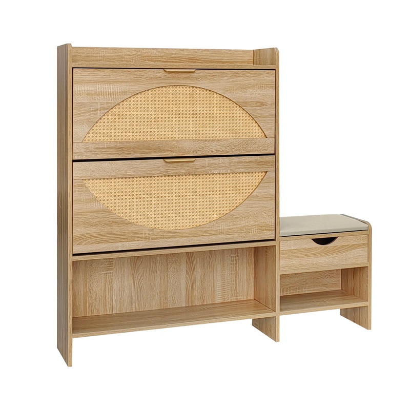 Shoe Storage Cabinet Rattan Shoe Storage Organizer With 2 Flip Drawers, A Storage Drawer And A Bench For Entryway, And Hallway – Light Brown