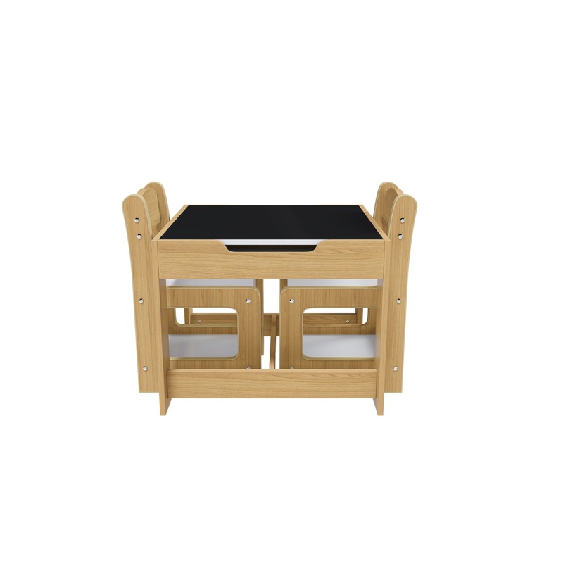 3 In 1 Kids Study Table & Chairs Set Multi Functional Activity Table With Detachable Blackboard Top – Natural Wood