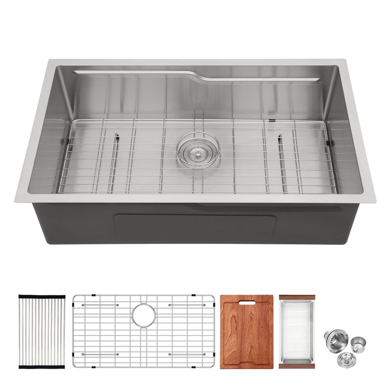 33 Undermount Kitchen Sink Single Bowl Ledge Workstation In 16 Gauge Stainless Steel – White