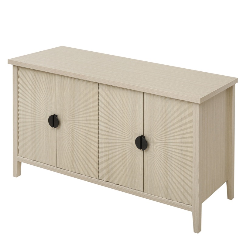 4 Door Sideboard, Carved Sideboard Buffet Cabinet With Storage, Modern Coffee Bar Cabinet With Adjustable Shelf For Living Room, Dining Room, Kitchen – Natural