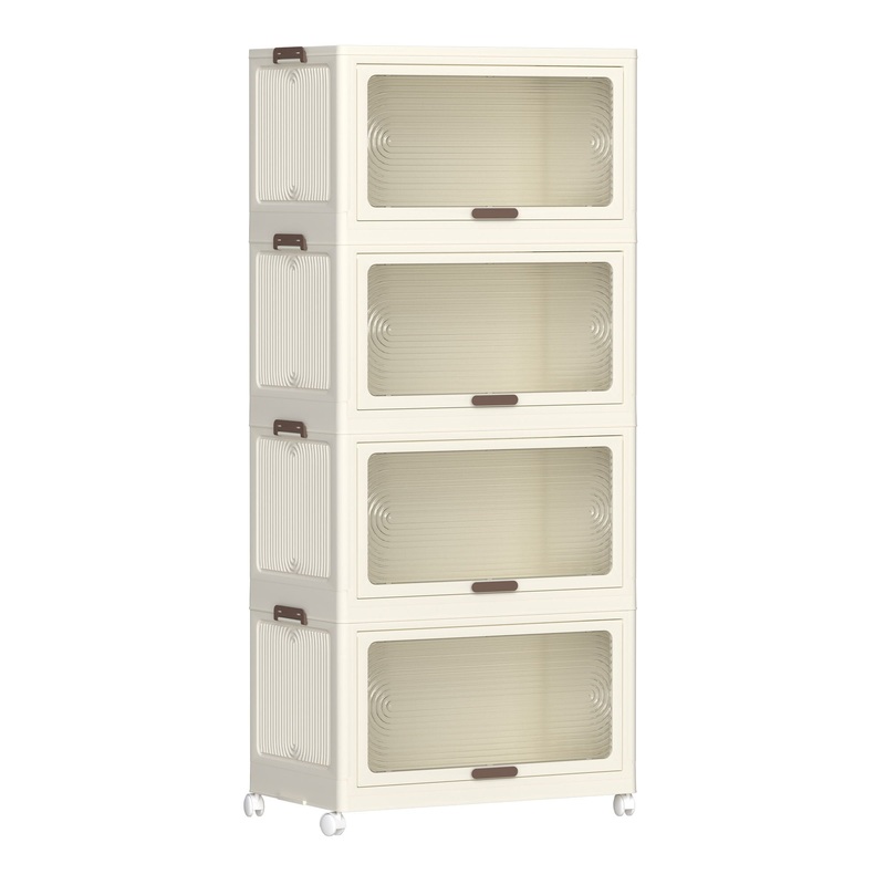 4 Tier Plastic Storage Bins With Lids, 230Qt Capacity, Stackable And Collapsible With Wheels – Cream White